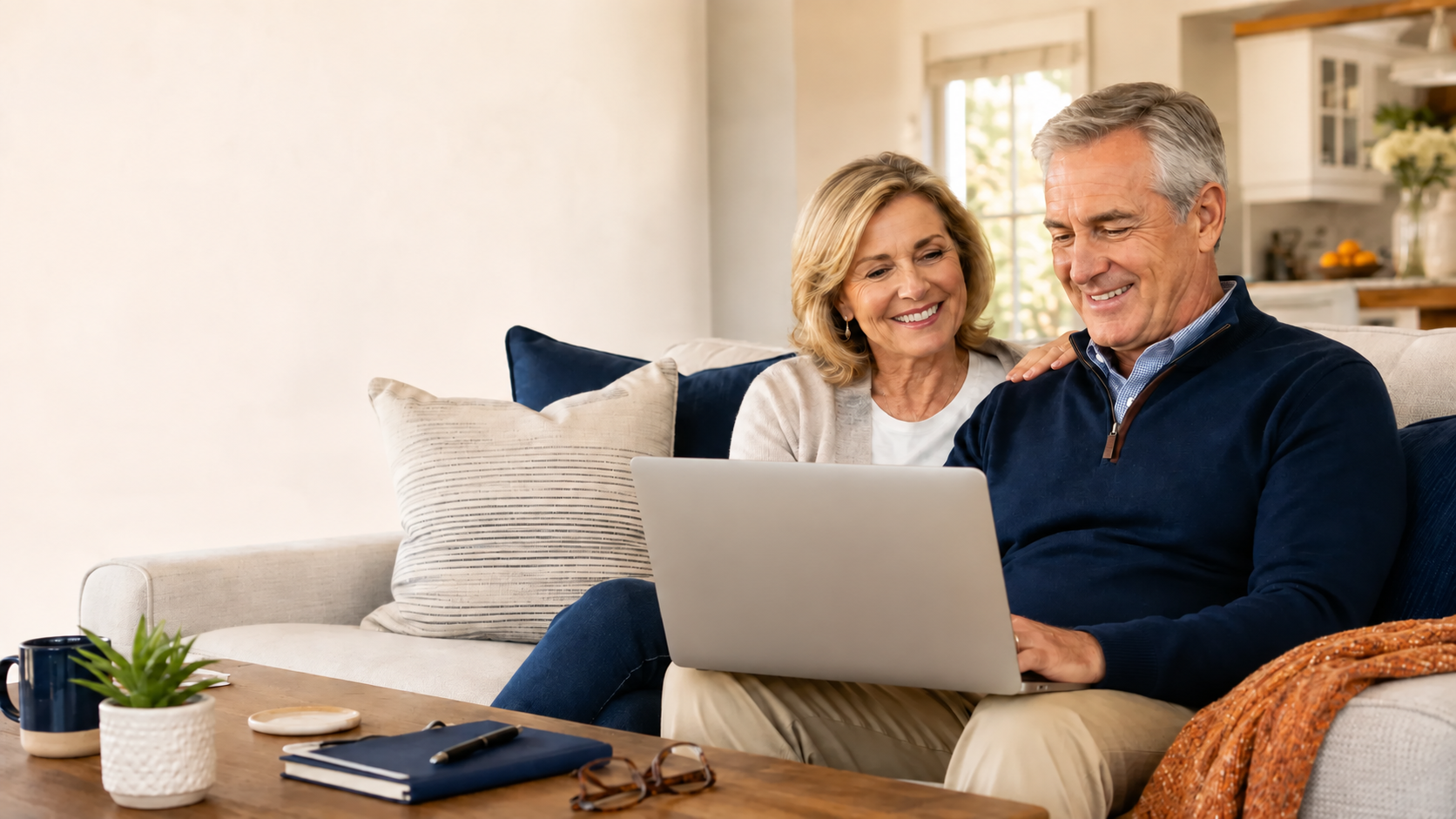 Couple reviewing their retirement income analysis from home